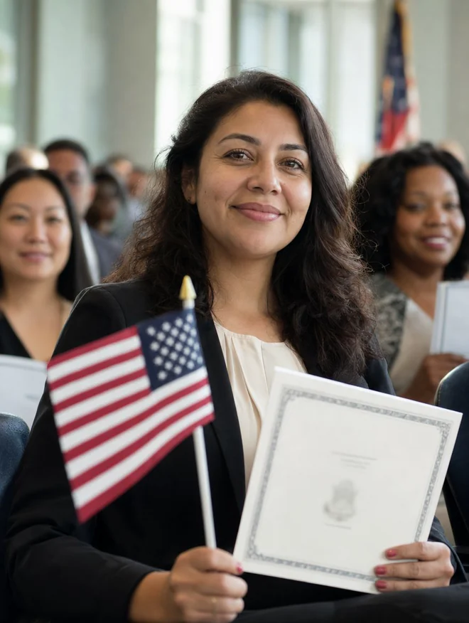 New citizen holding a U.S. flag at a naturalization ceremony