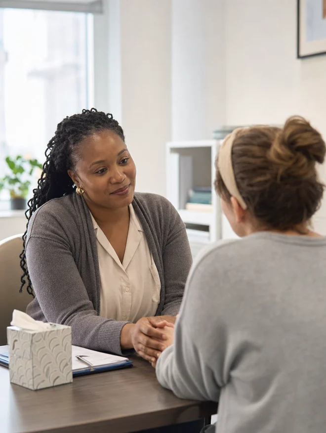 Attorney listening to a client during a confidential consultation