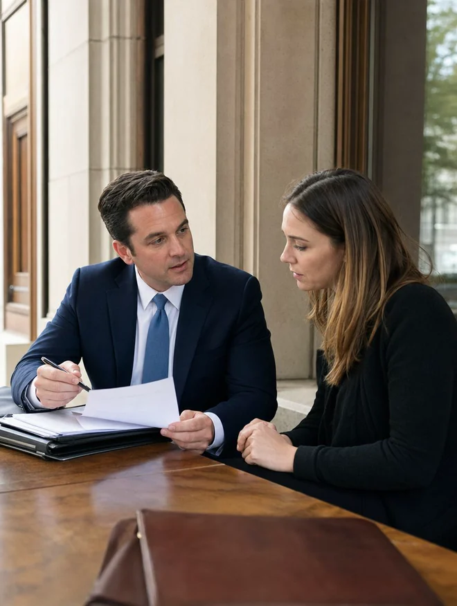 Un abogado revisando un caso de corte de inmigración con su cliente